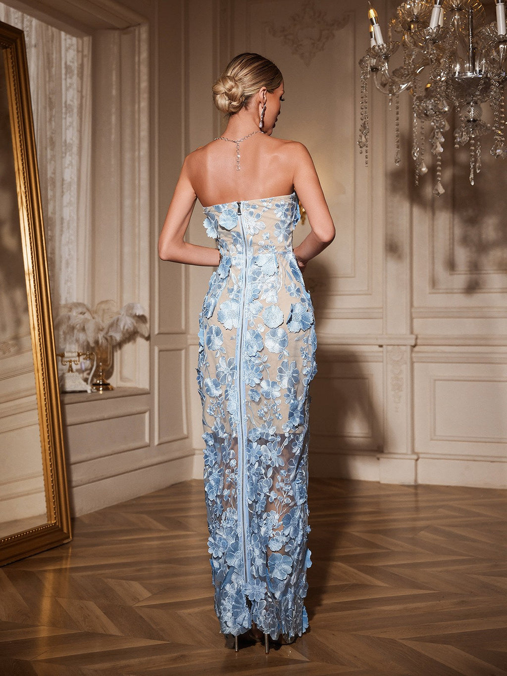 Avital Strapless Flower Maxi Dress In Sky