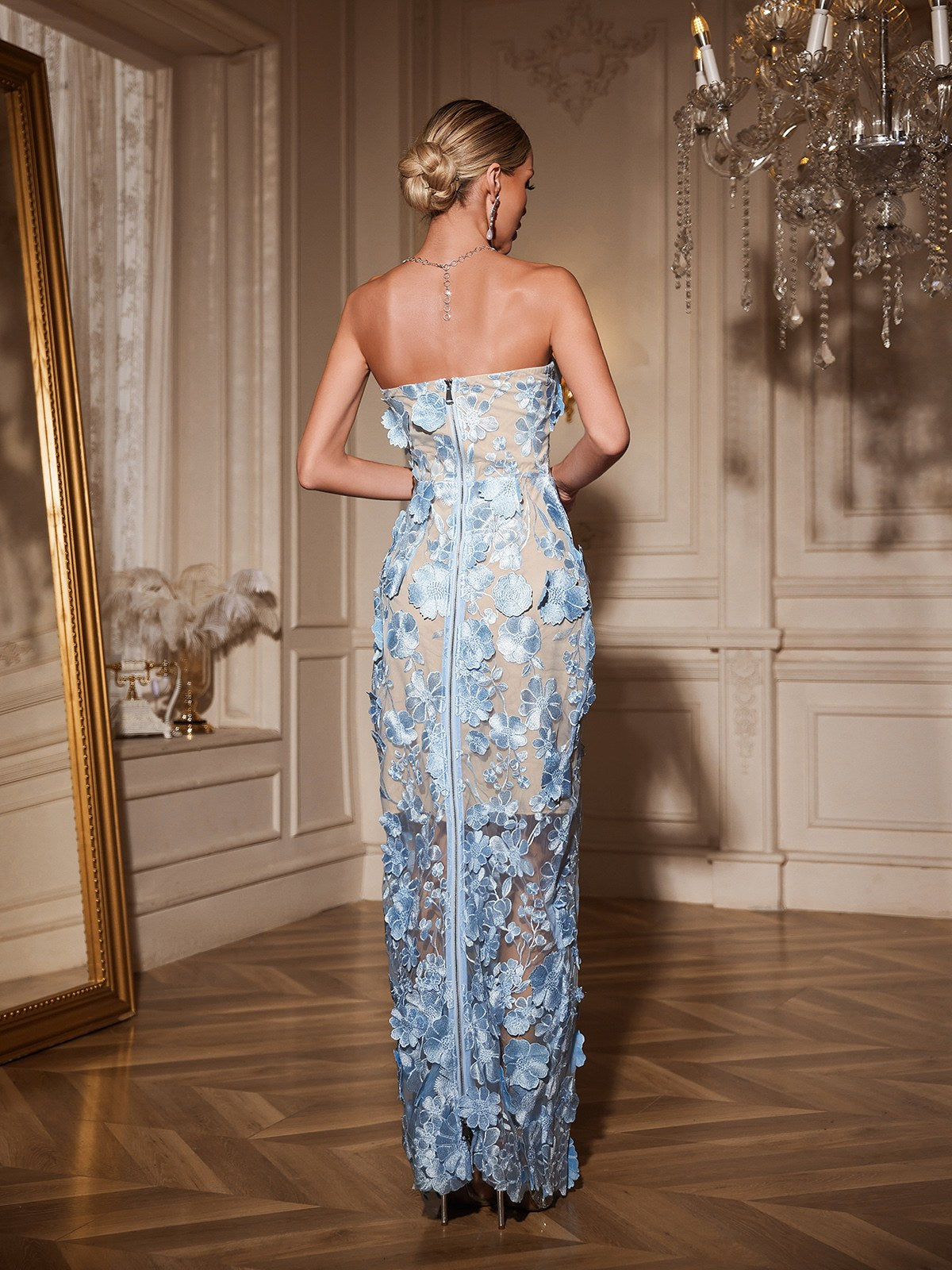 Avital Strapless Flower Maxi Dress In Sky