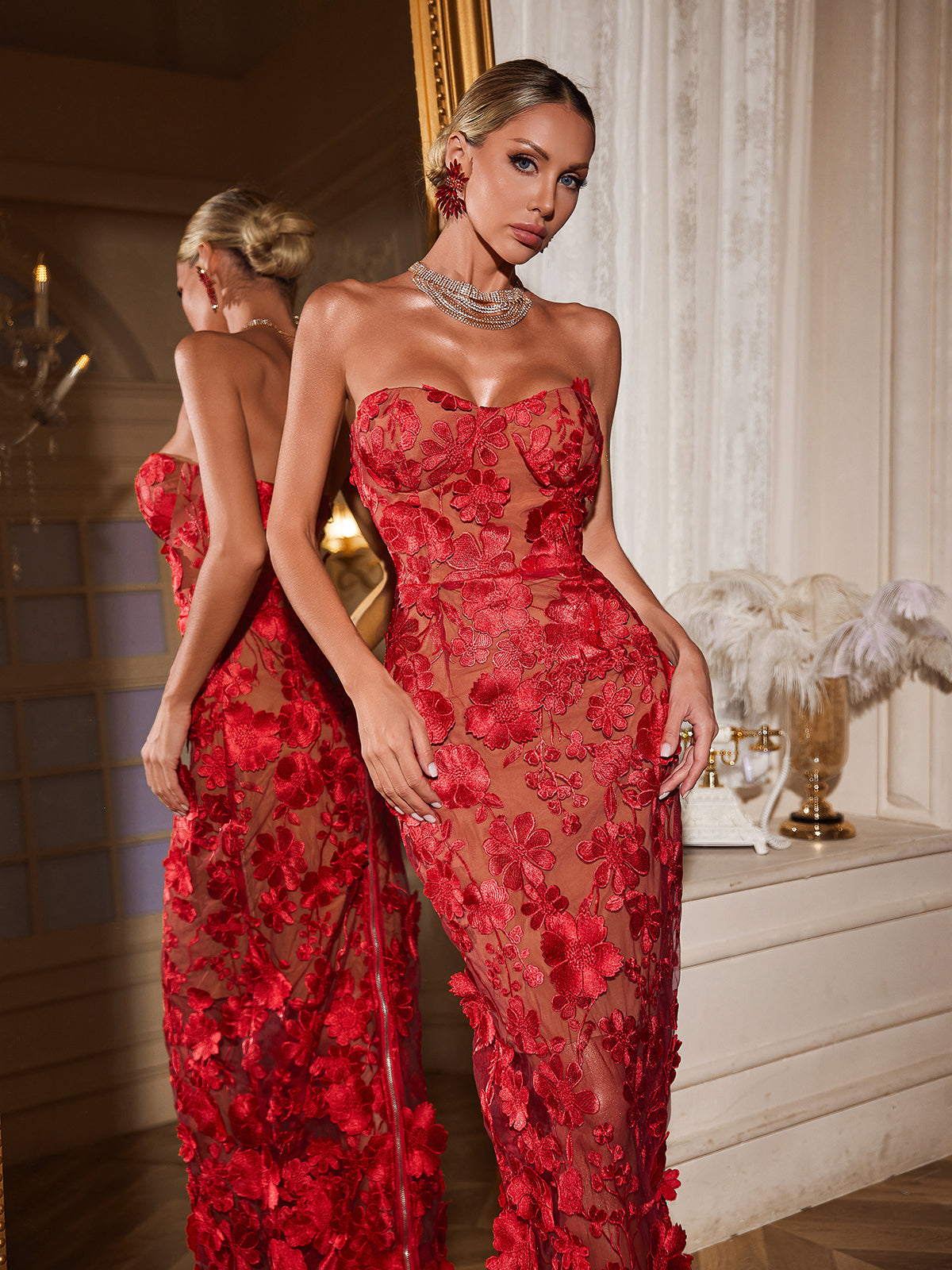 Avital Strapless Flower Maxi Dress In Red