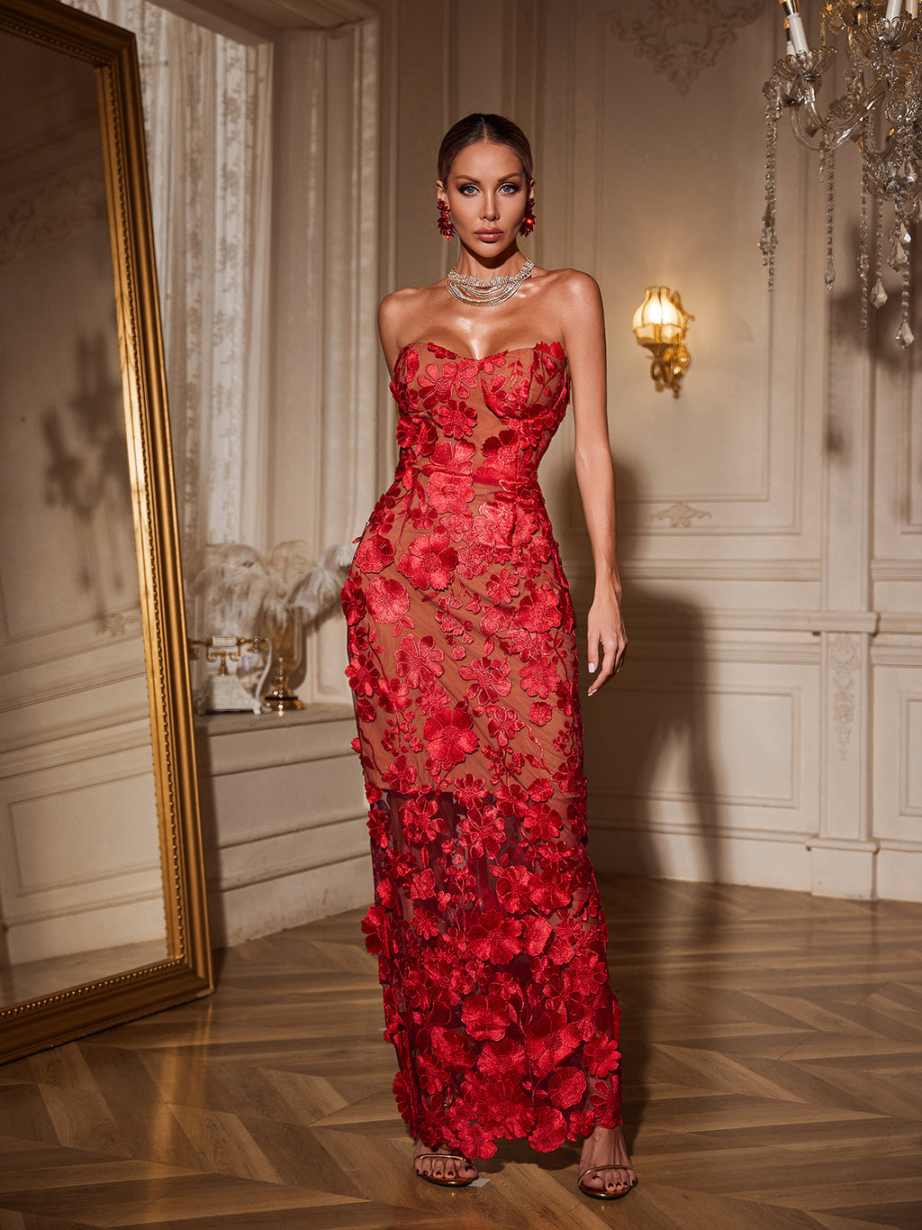 Avital Strapless Flower Maxi Dress In Red