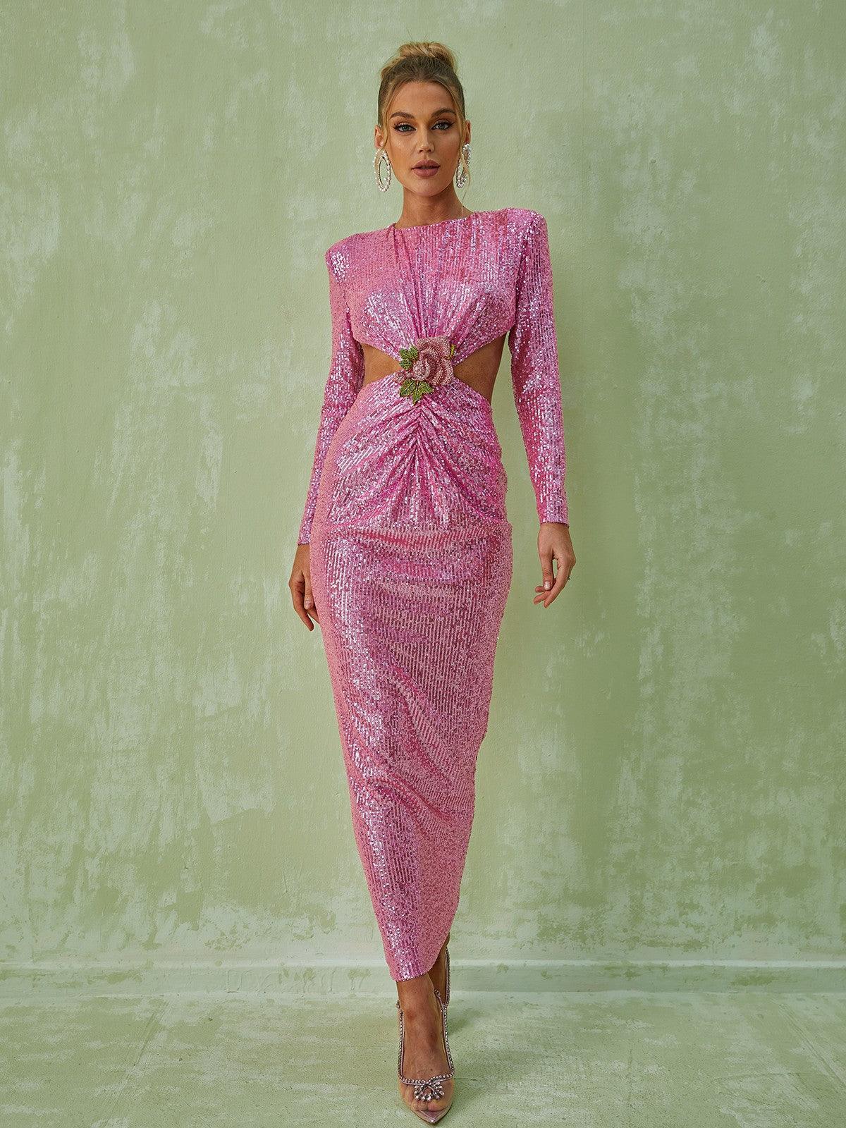 Aviva Long Sleeve Cutout Sequin Maxi Dress In Pink