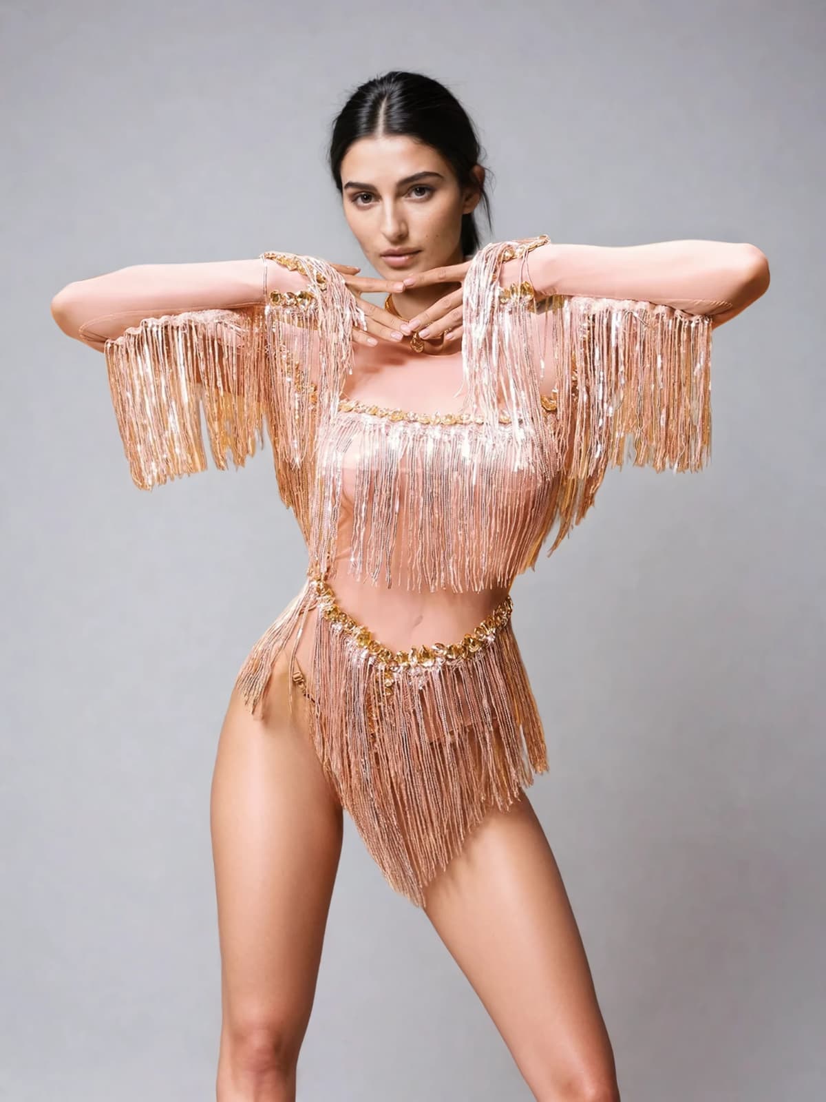 Axiom Long Sleeve Fringe Bodysuit In Nude