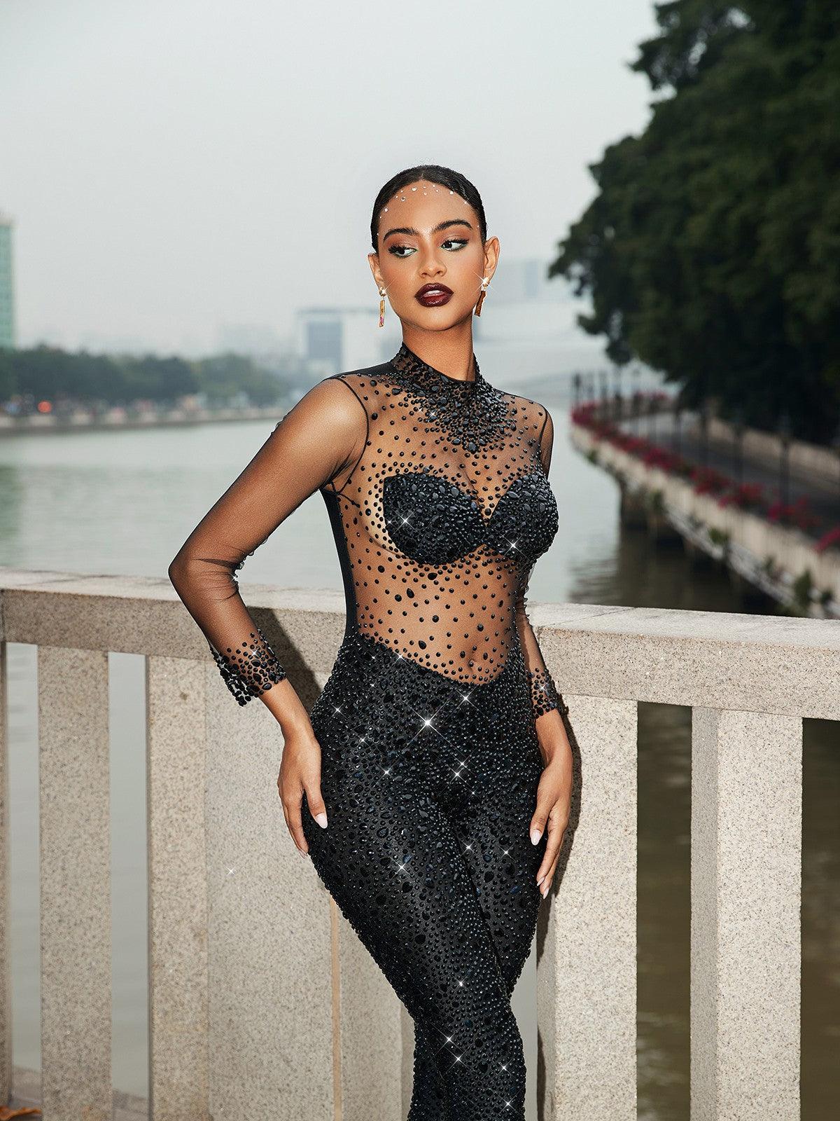 Azami Mesh Crystal Jumpsuit In Black
