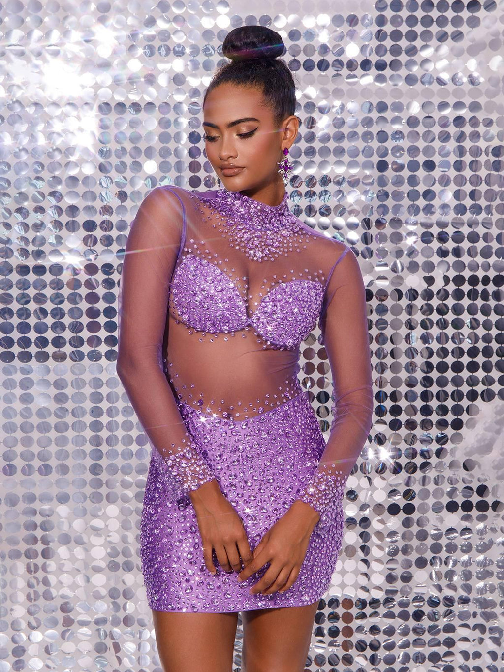 Azami Mesh Crystal Mini Dress In Purple
