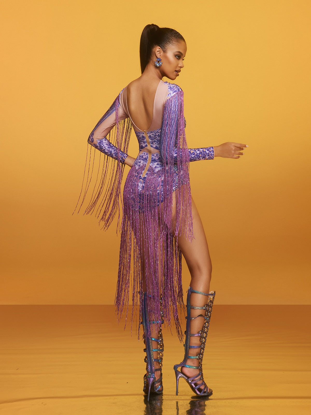 Azhrik Rhinestone Glitter Fringe Bodysuit