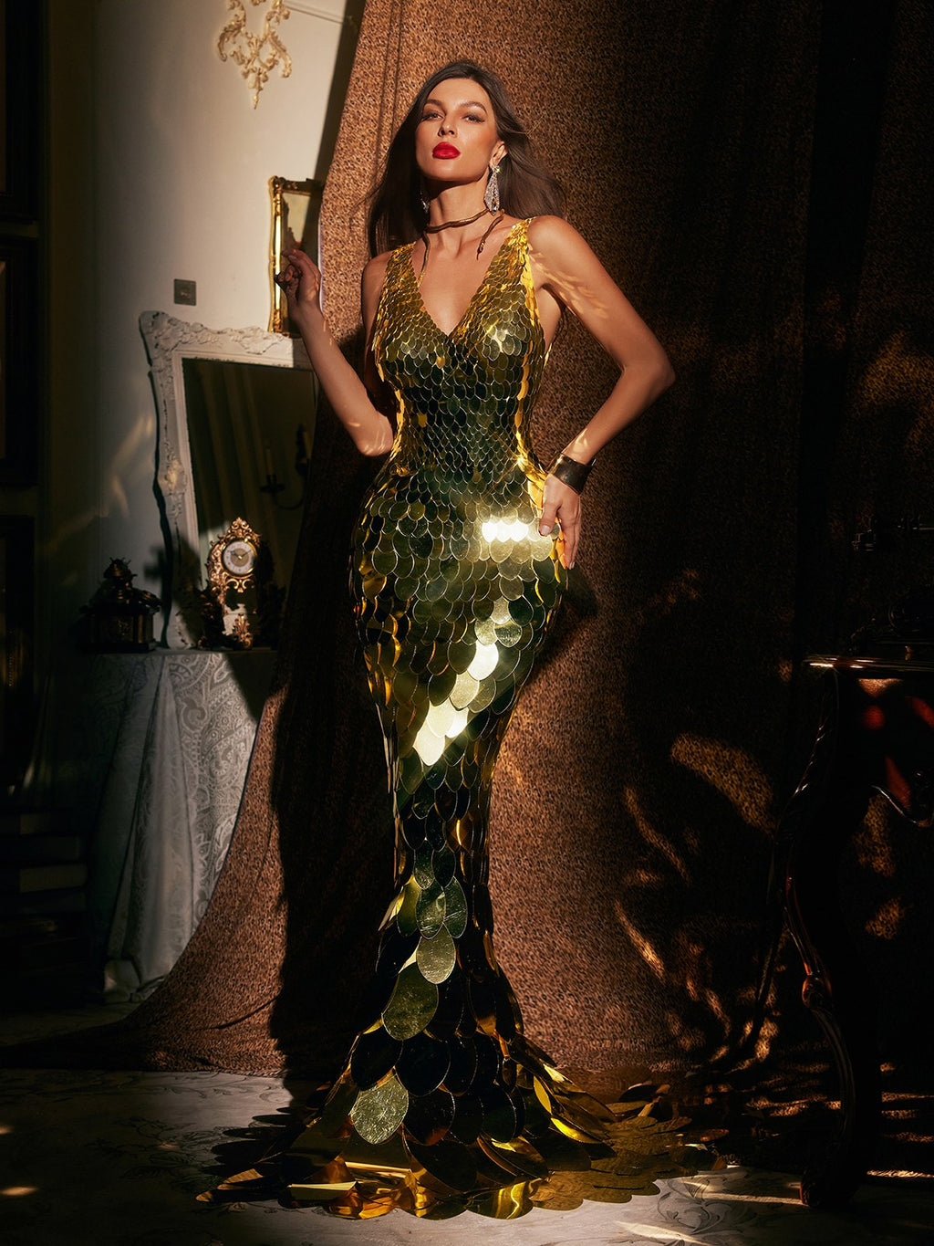 Azuria V Neck Scale Maxi Dress In Gold