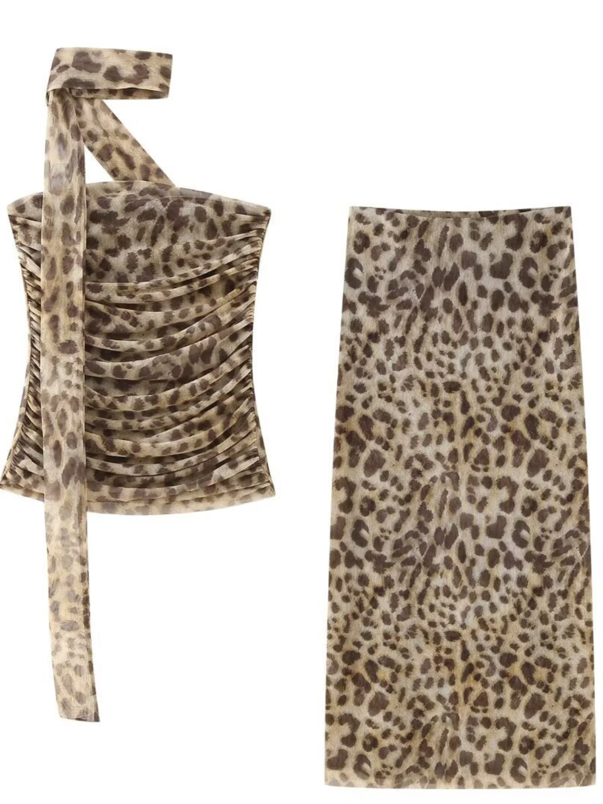 Baelithra Strapless Leopard Ruched Skirt Set