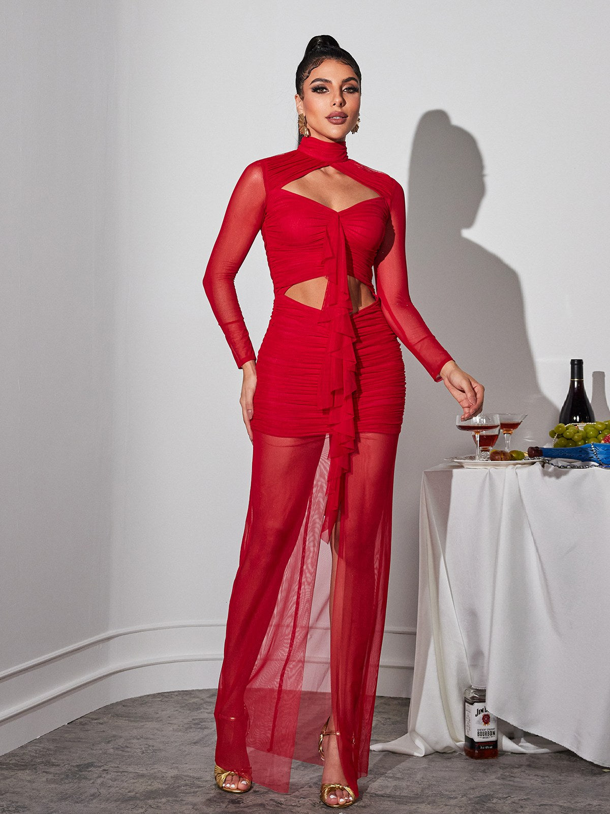 Bedelia Long Sleeve Cutout Mesh Maxi Dress