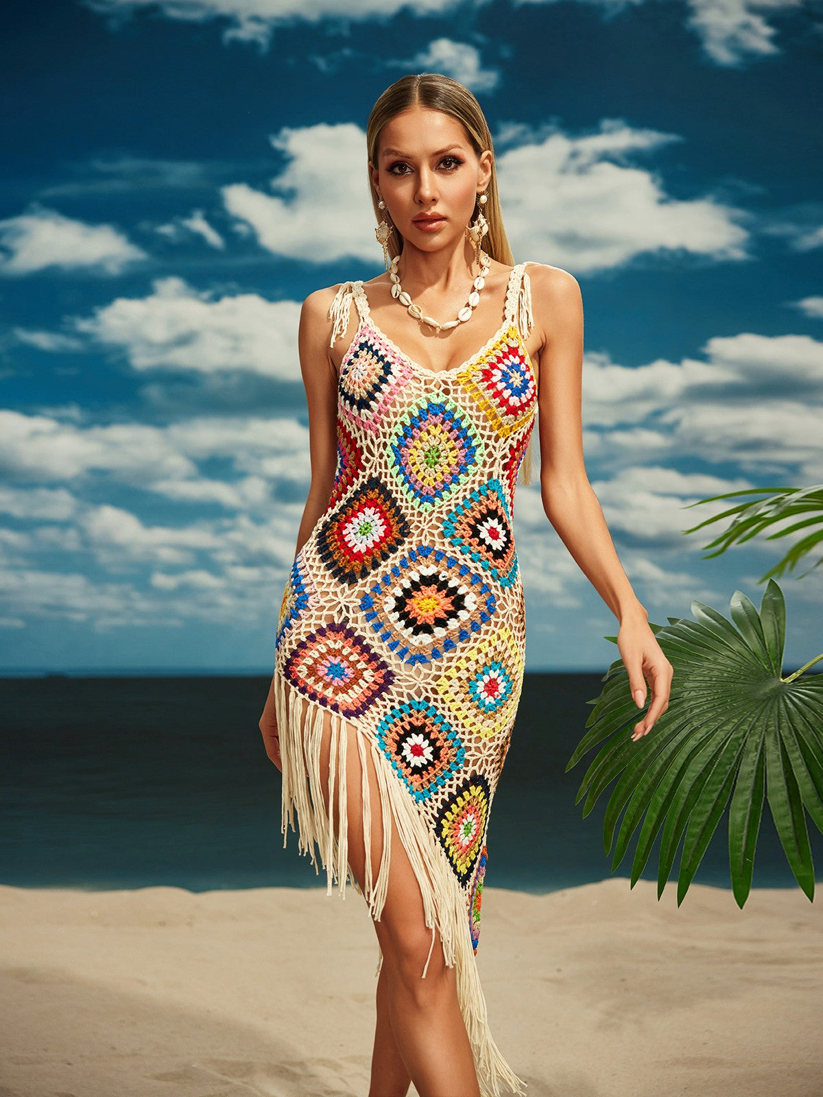 Belva Spaghetti Knitted Fringe Midi Dress