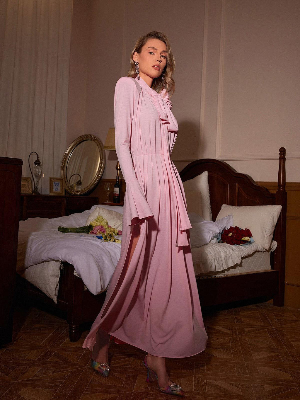 Benton Long Sleeve Flower Maxi Dress In Pink