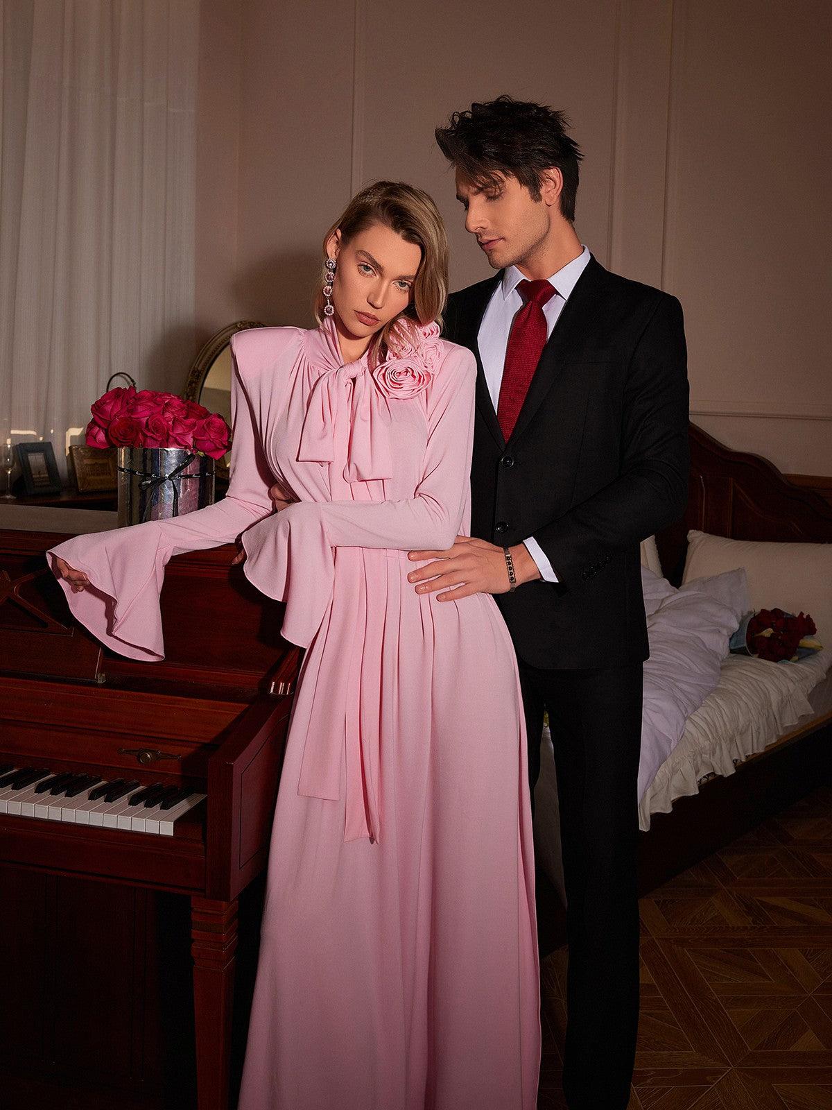 Benton Long Sleeve Flower Maxi Dress In Pink