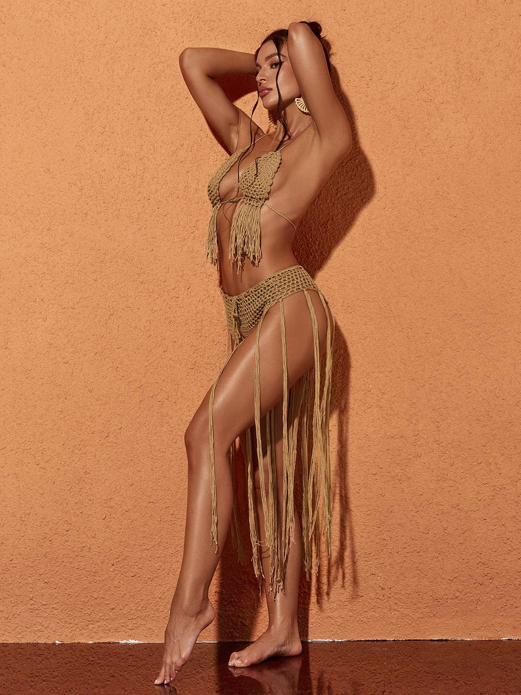 Berlin Knit Fringe Bikini Two Piece Set In Brown