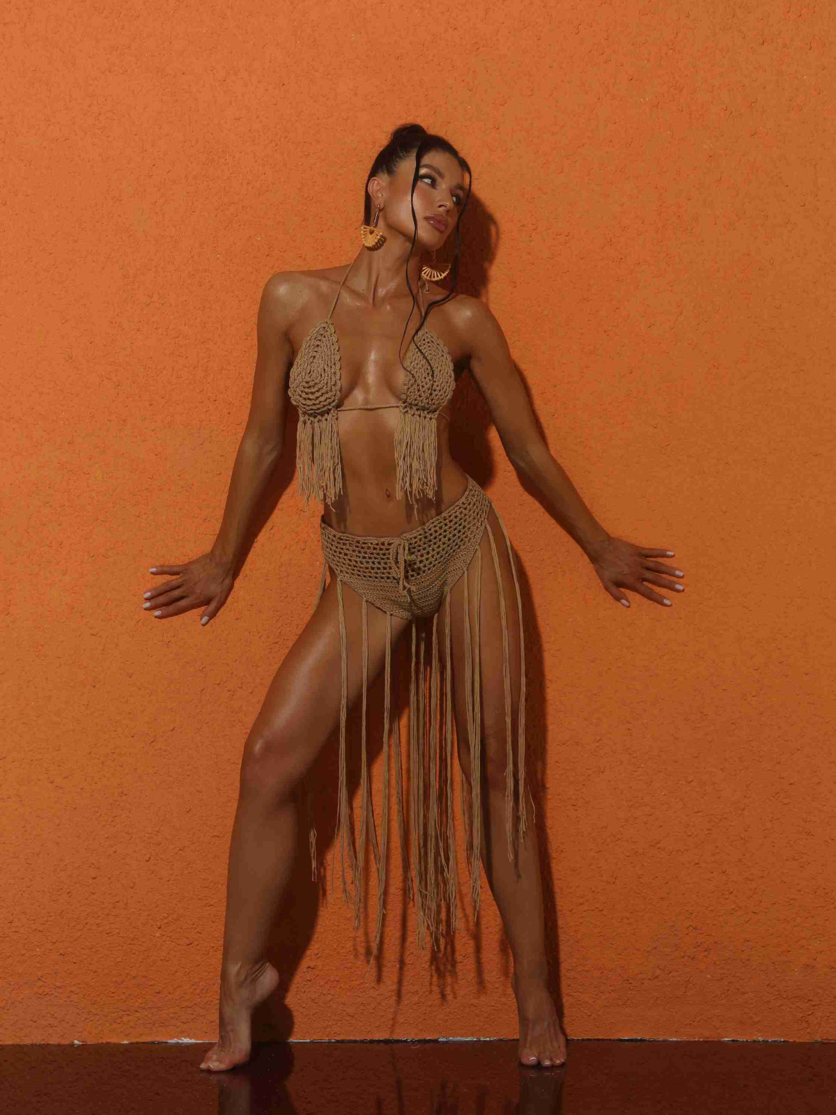 Berlin Knit Fringe Bikini Two Piece Set In Brown