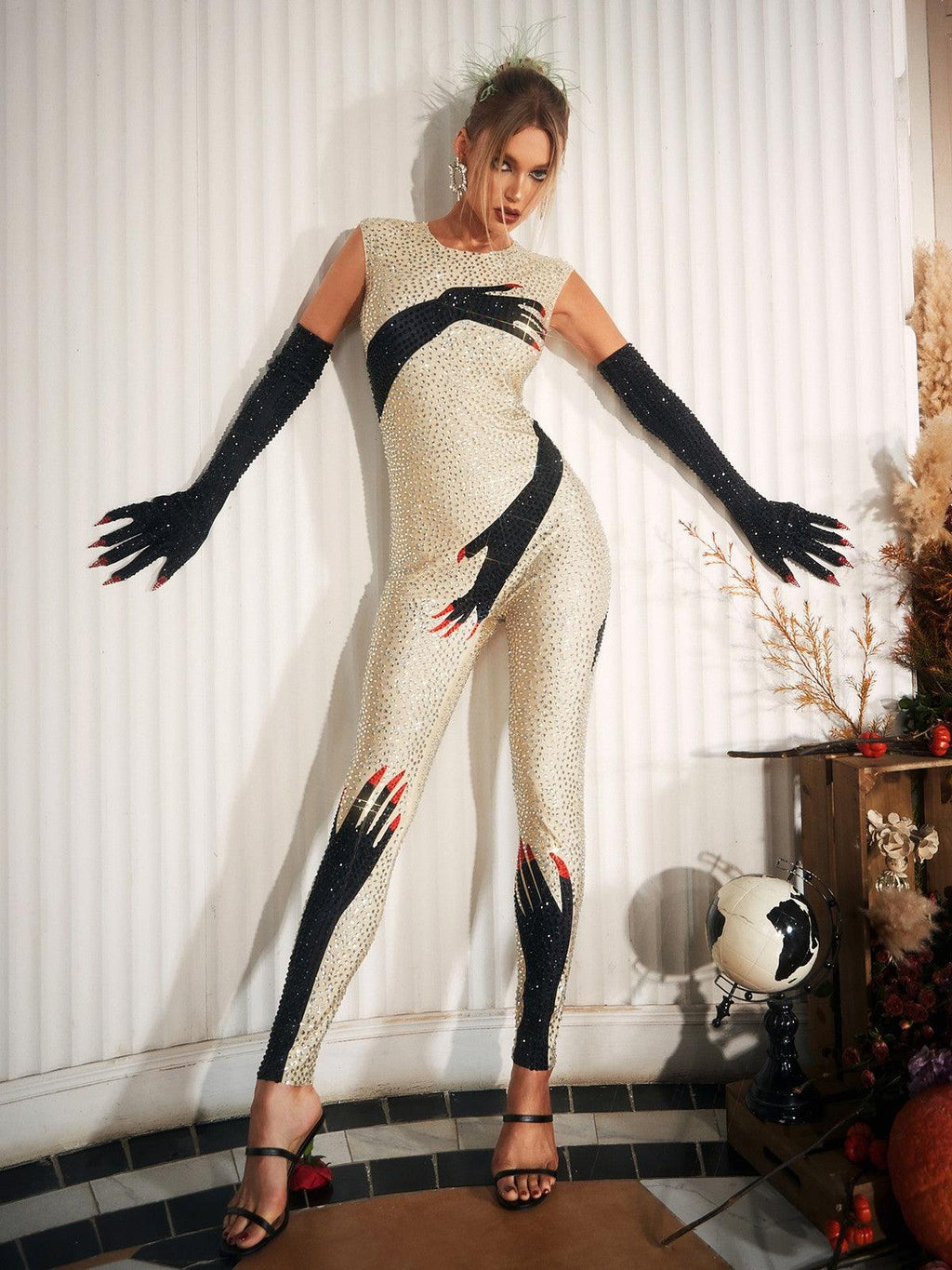 Billy Diamond Hands Illusion Jumpsuit In Beige