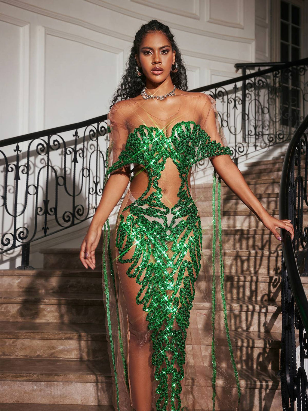 Blondene Cutout Sequin Embellished Maxi Dress