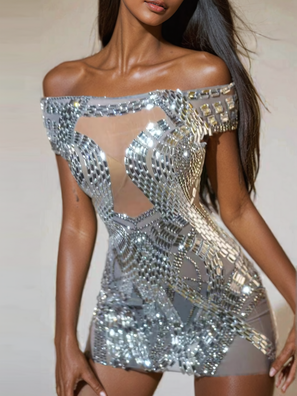 Bly Off Shoulder Rhinestone Mini Dress In Silver