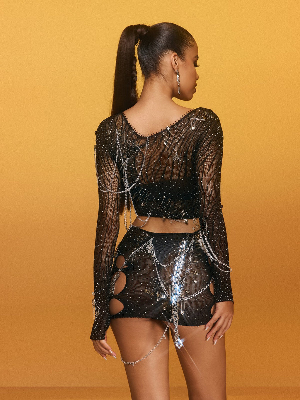 Blythra Cutout Chain Rhinestone Skirt Set