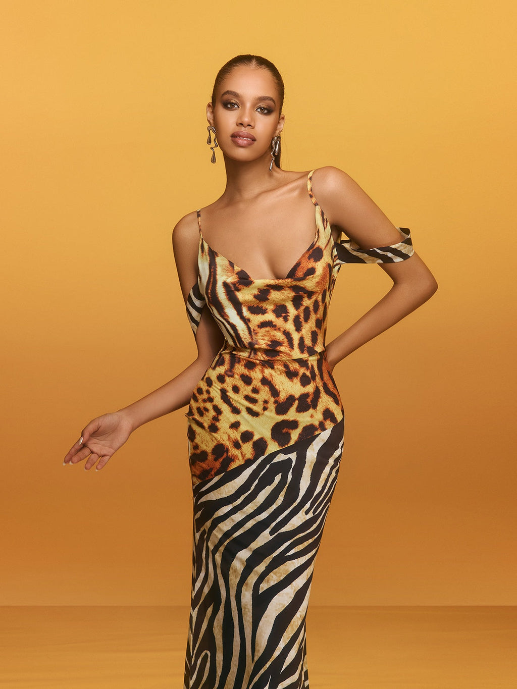 Blyxar Cowl Neck Leopard Maxi Dress