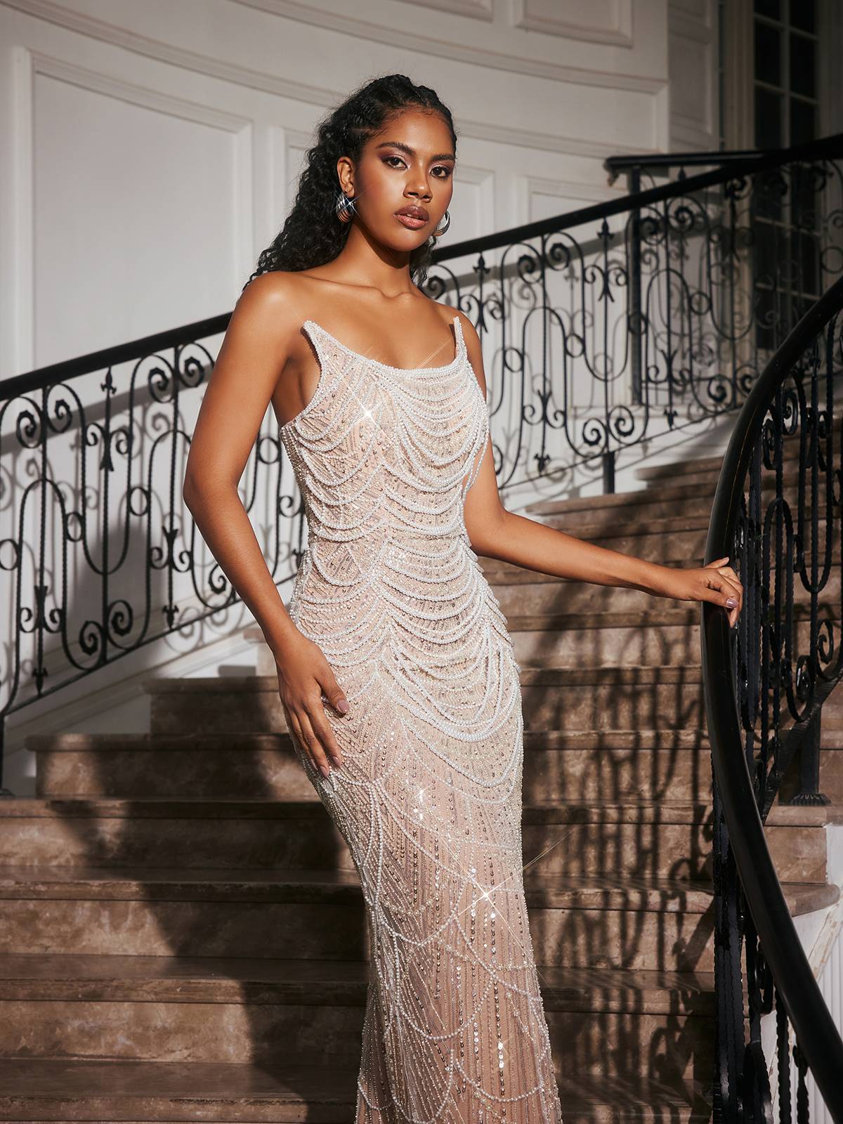 Branddun Strapless Pearl Embellished Maxi Dress
