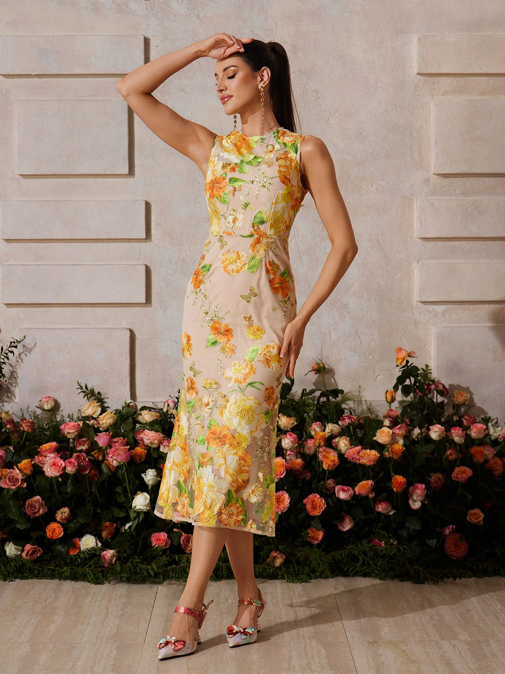 Braxis Sleeveless Flower Embroidered Midi Dress