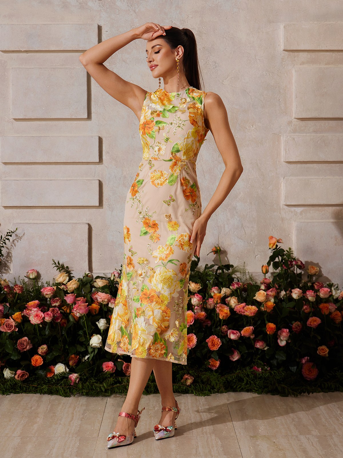 Braxis Sleeveless Flower Embroidered Midi Dress
