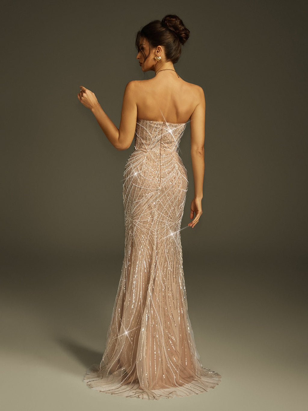 Brenthor Strapless Pearl Sequin Split Maxi Dress