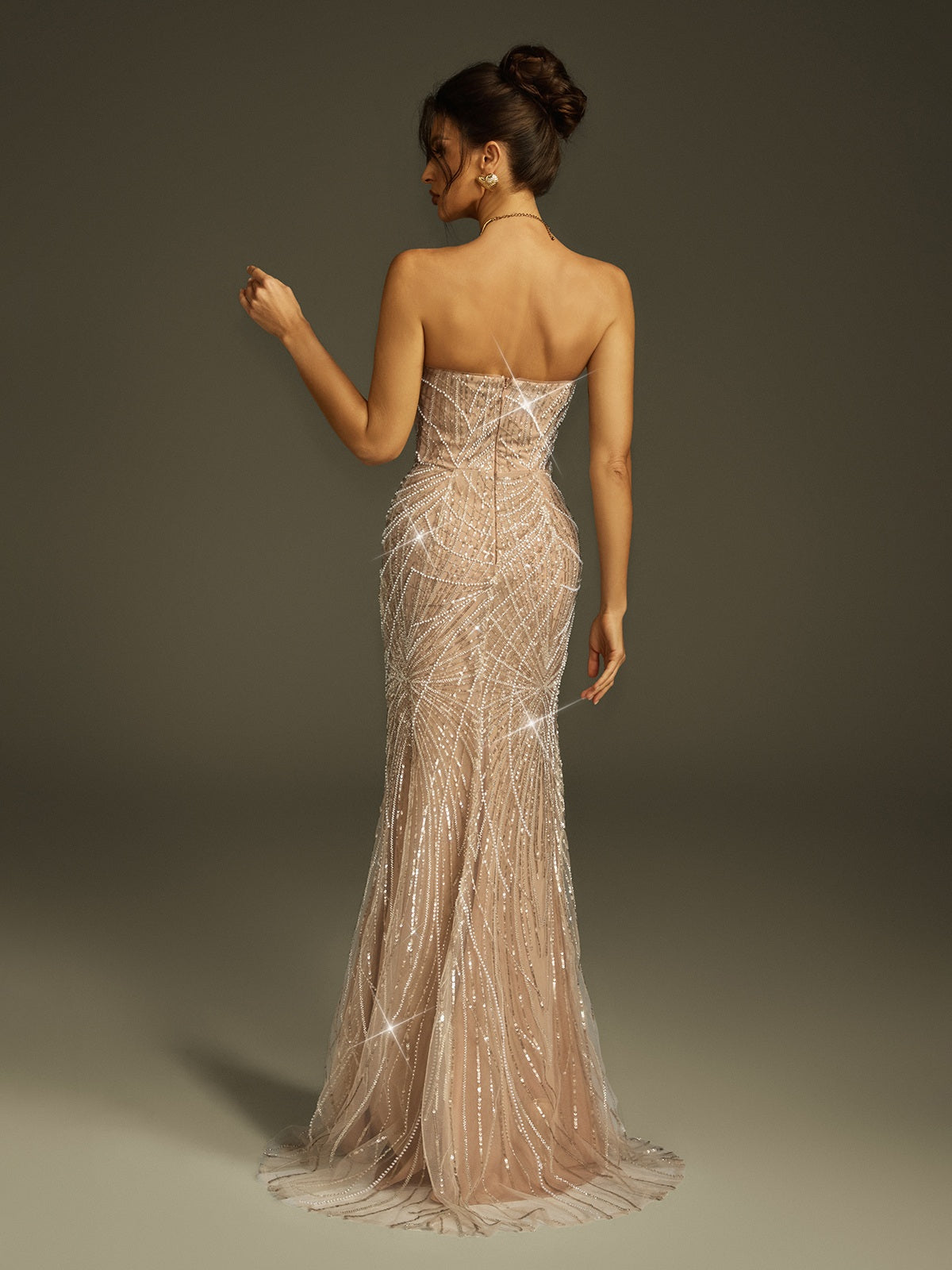 Brenthor Strapless Pearl Sequin Split Maxi Dress