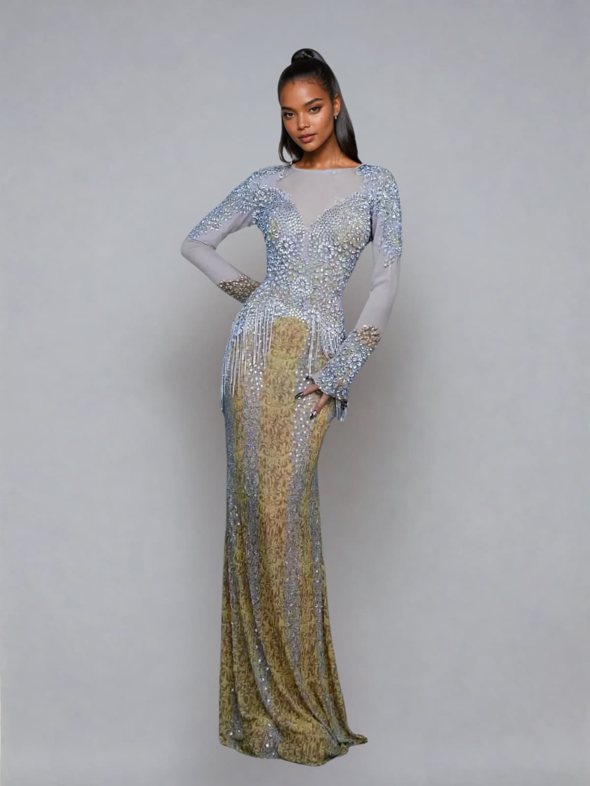 Brynion Fringe Crystal Maxi Dress