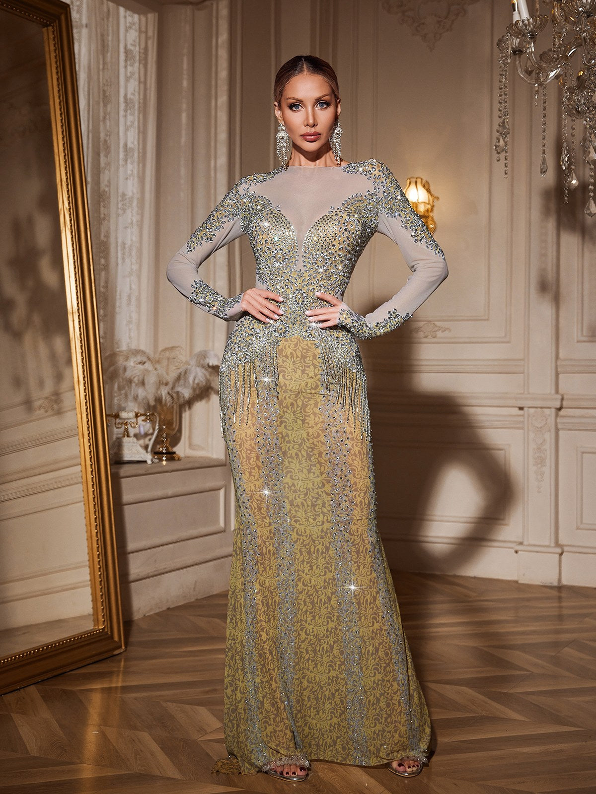 Brynion Fringe Crystal Maxi Dress