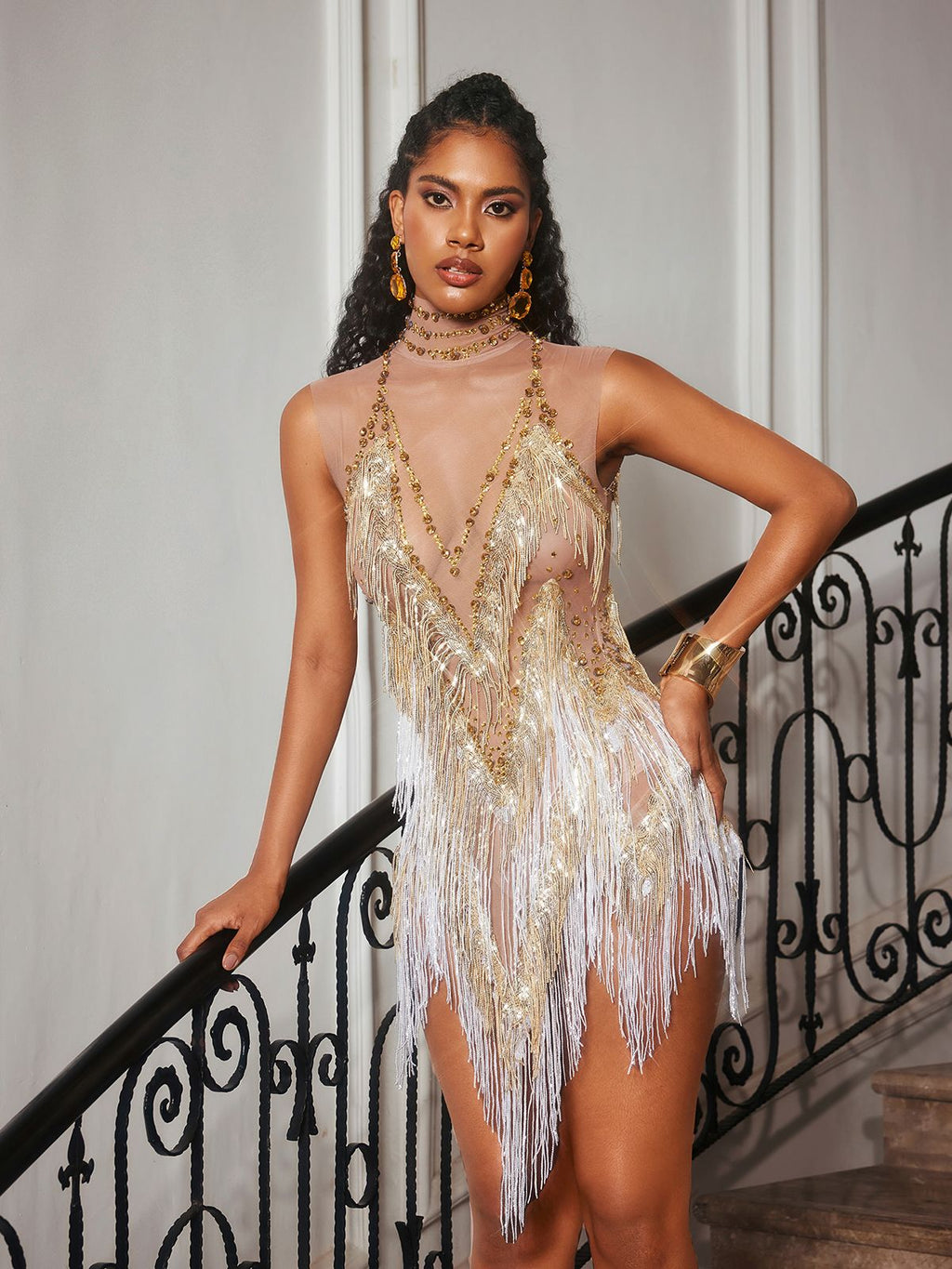 Buggan Rhinestone Fringe Mesh Mini Bodysuit In Gold