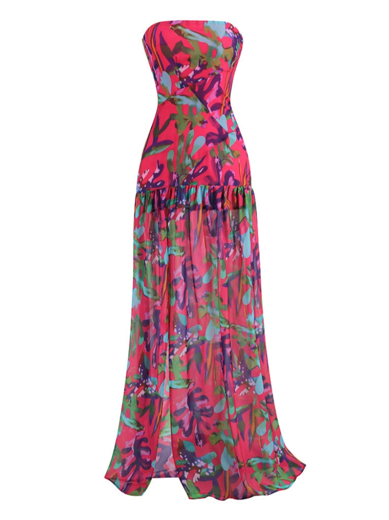 Alikae Strapless Floral Printed Maxi Dress In Purple