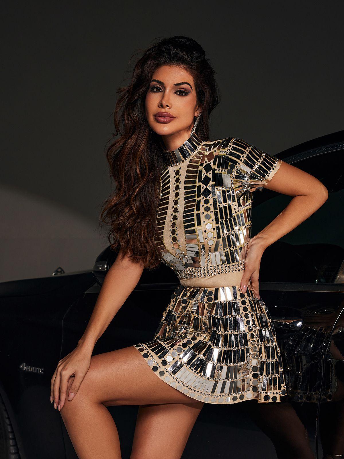 Zuleika Short Sleeve Acrylic Mini Dress In Silver