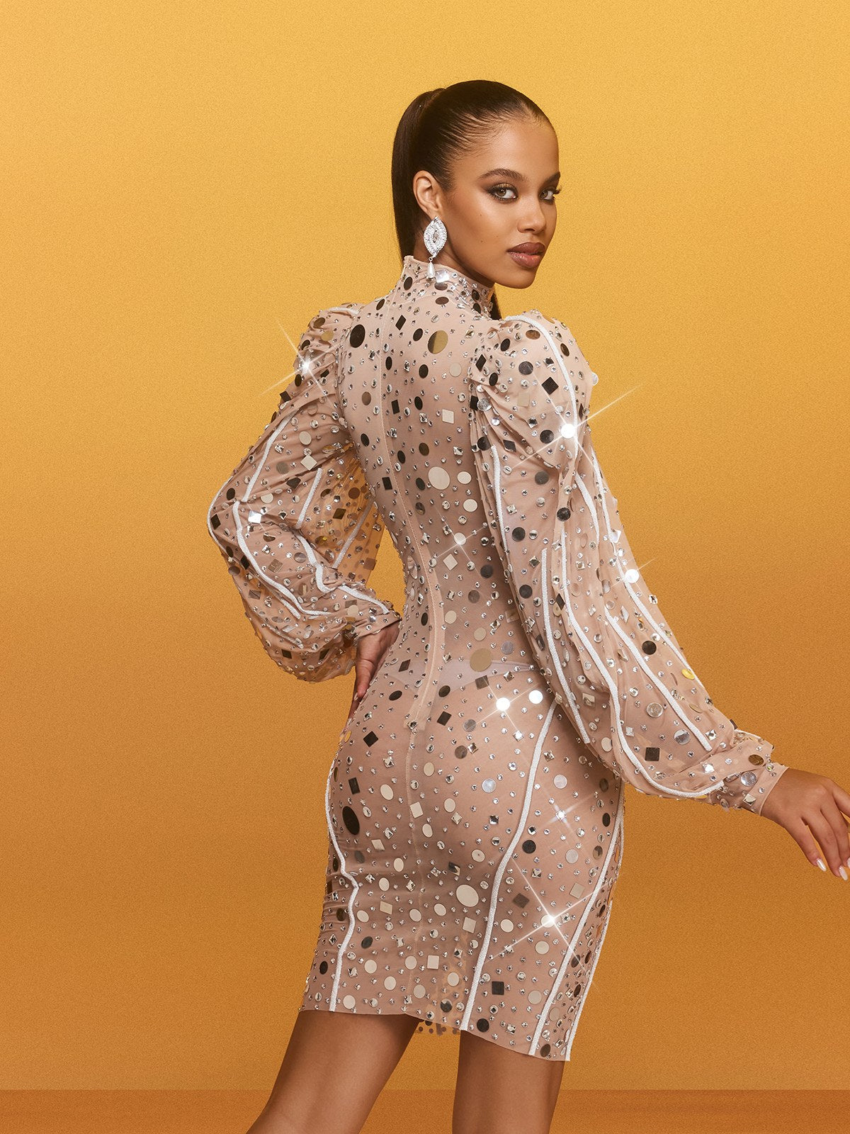 Zylar Long Sleeve Embellished Mini Dress