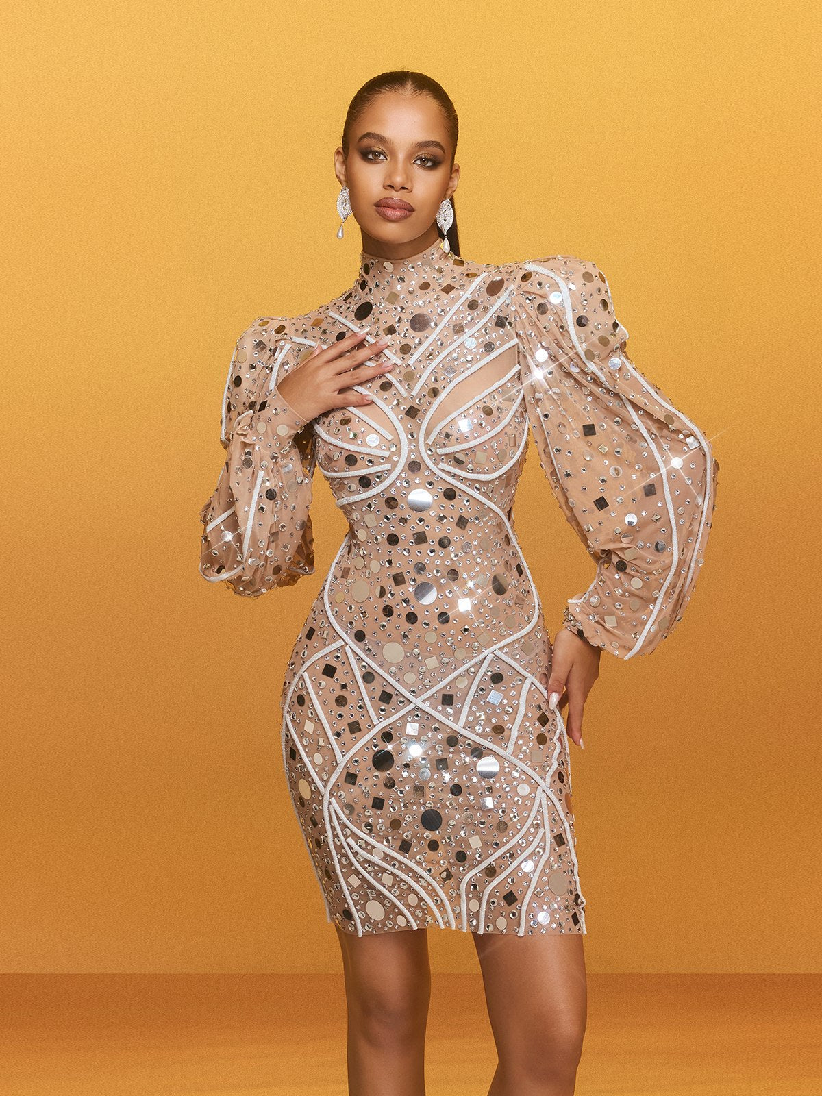 Zylar Long Sleeve Embellished Mini Dress