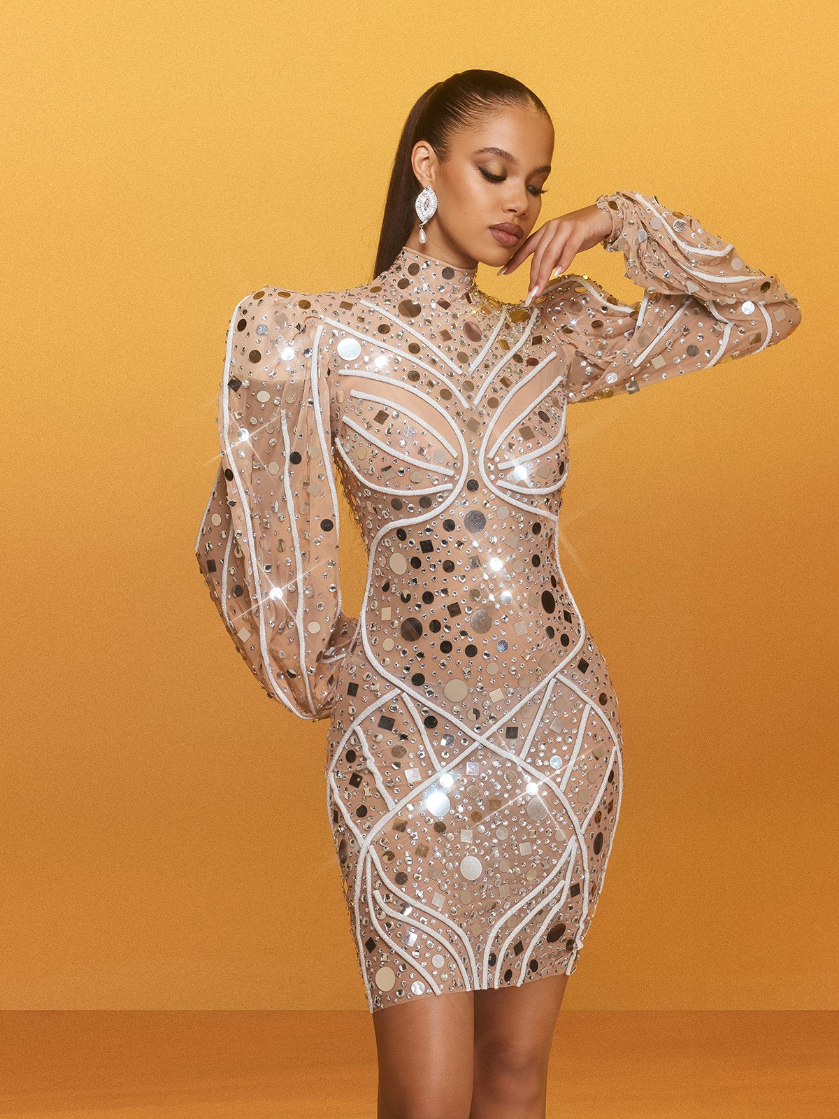 Zylar Long Sleeve Embellished Mini Dress