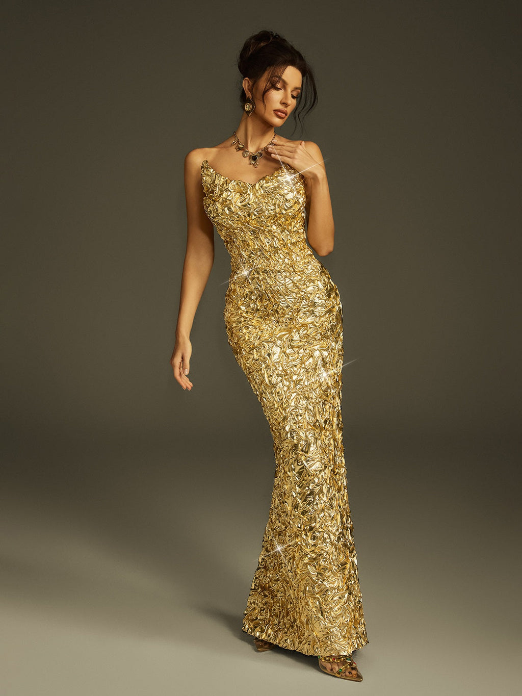 Zyrra Strapless Foil Split Maxi Dress