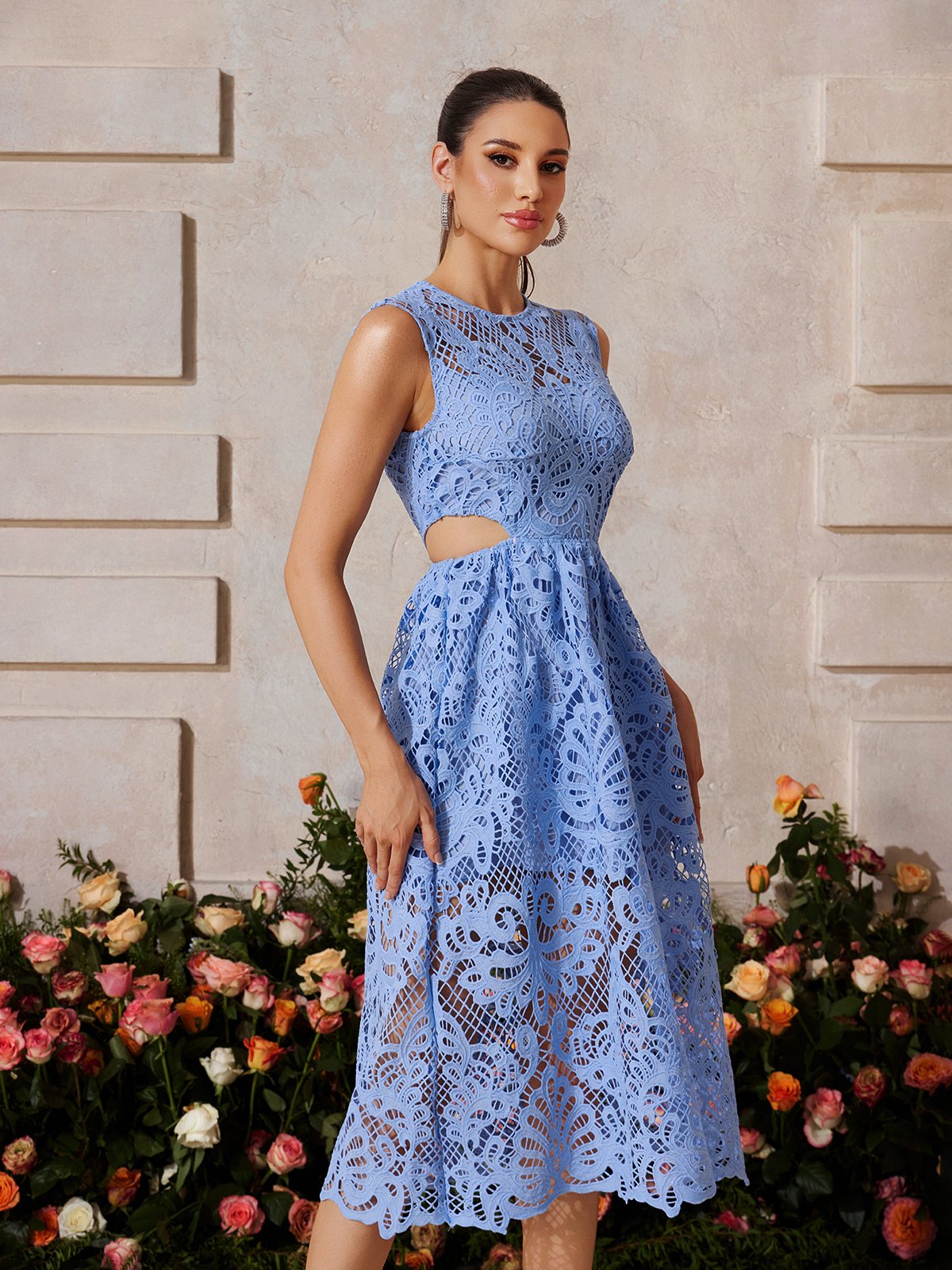 Zyrviel Sleeveless Cutout Embroidered Midi Dress
