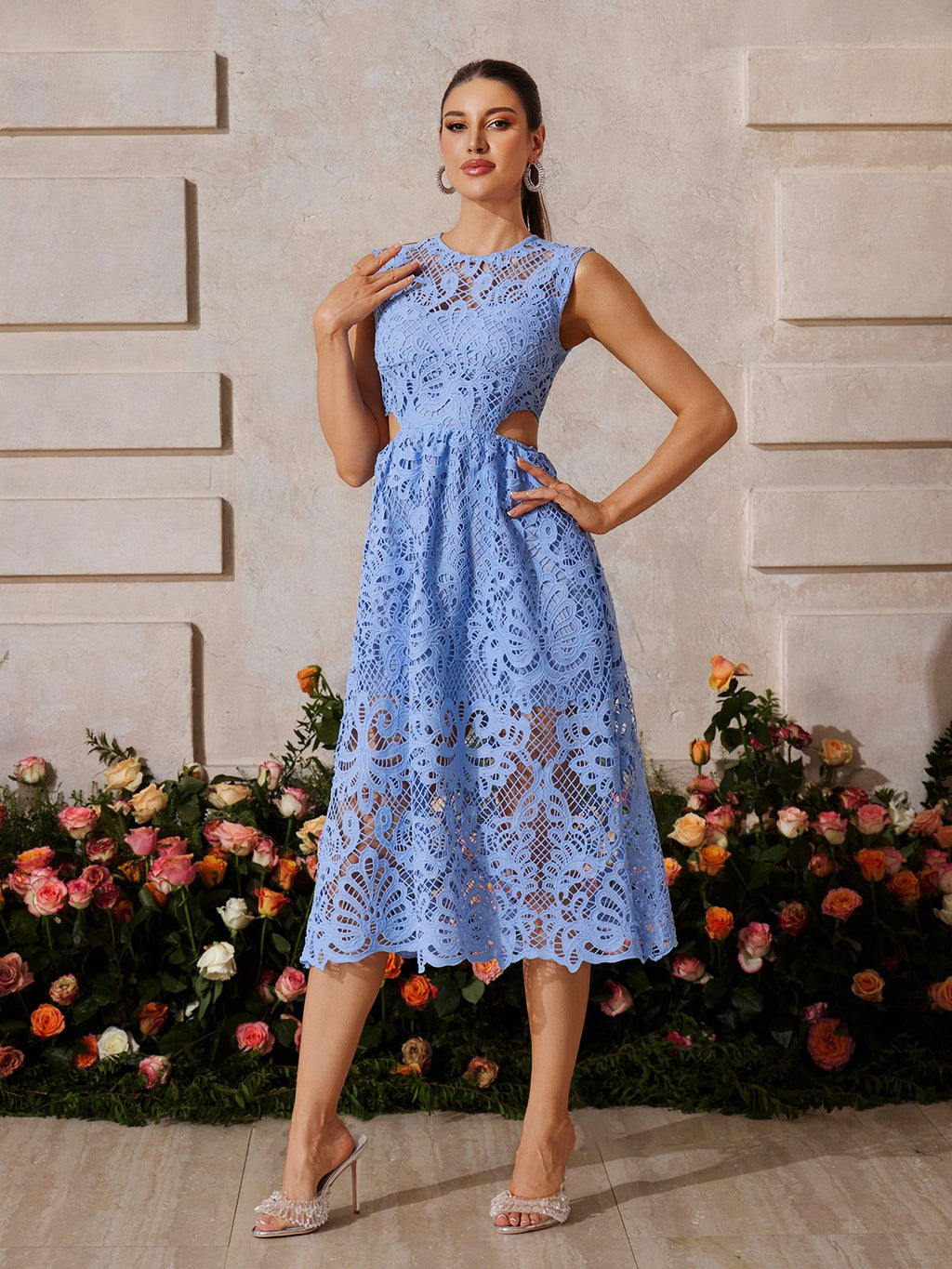 Zyrviel Sleeveless Cutout Embroidered Midi Dress