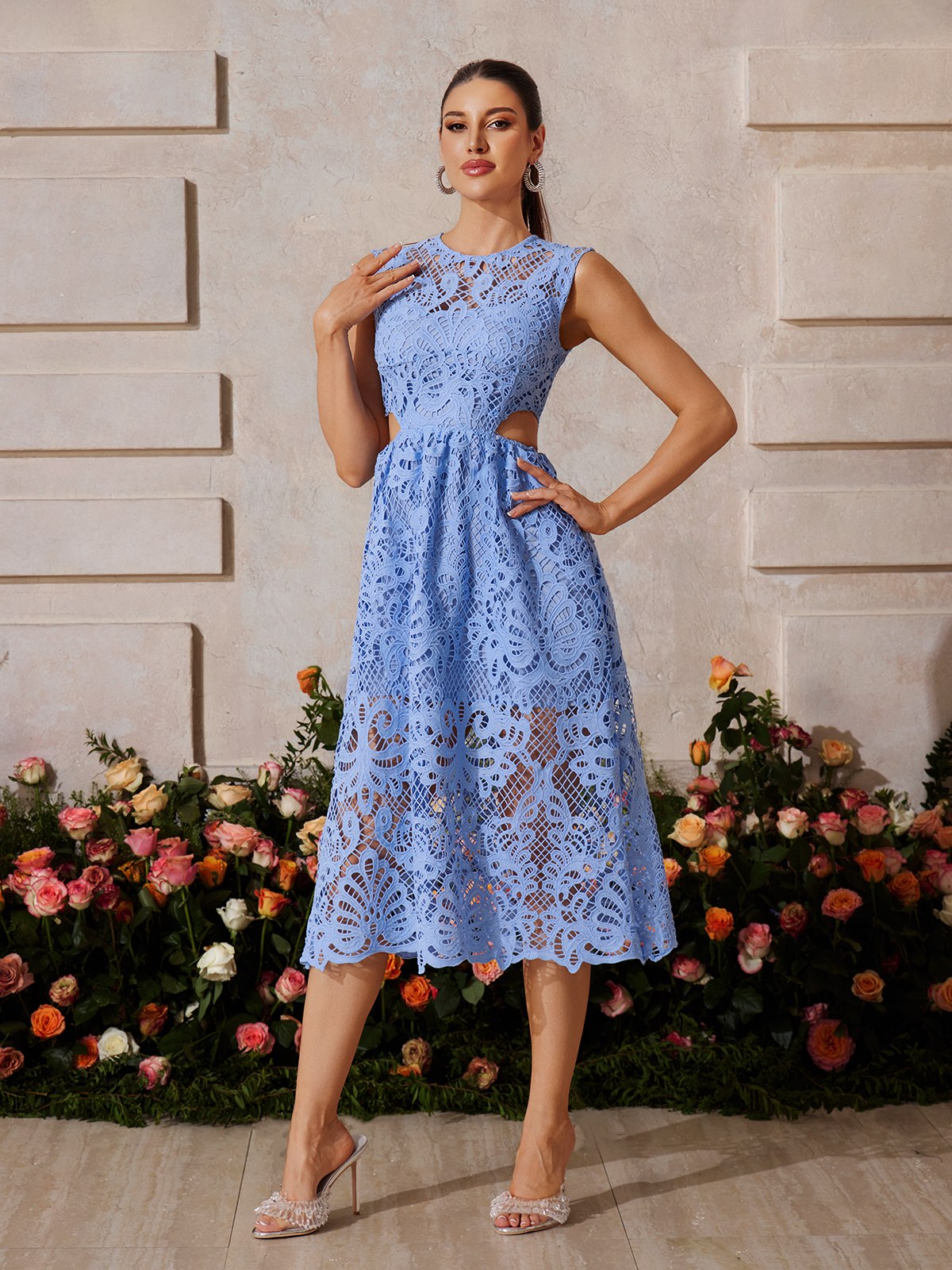 Zyrviel Sleeveless Cutout Embroidered Midi Dress