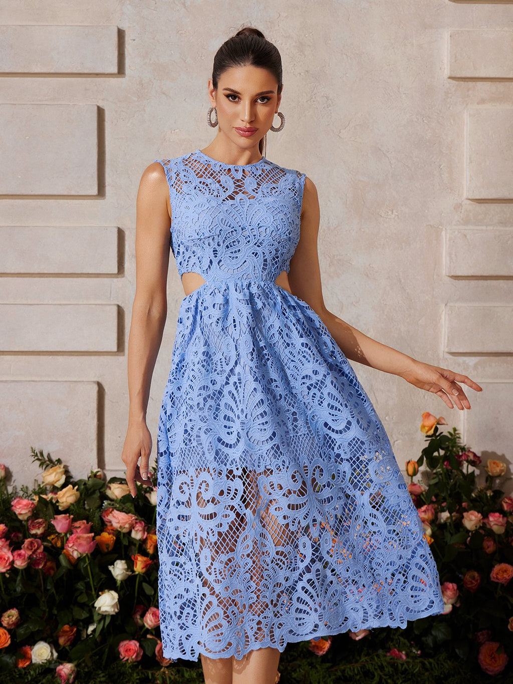 Zyrviel Sleeveless Cutout Embroidered Midi Dress