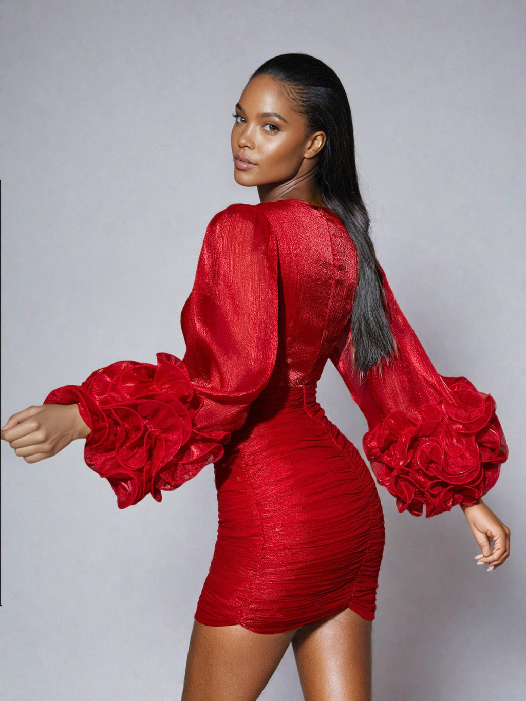 Anneline V Neck Ruched Mini Dress In Red